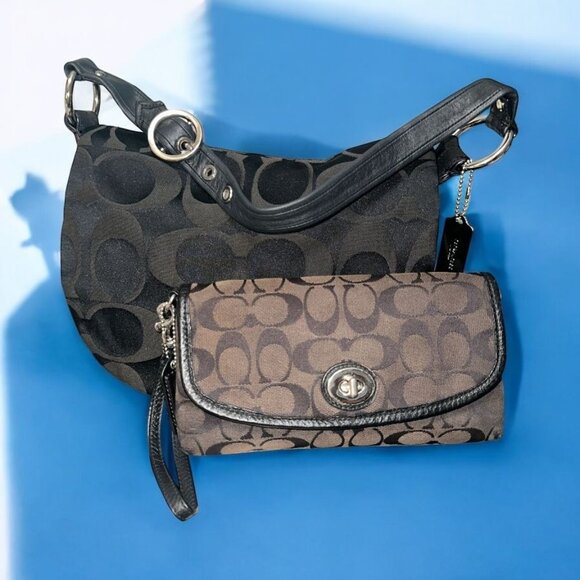 Coach Handbags - Coach Purse Bundle Black Signature ALI Hobo Shoulder Bag 13641+ Wristlet F51820